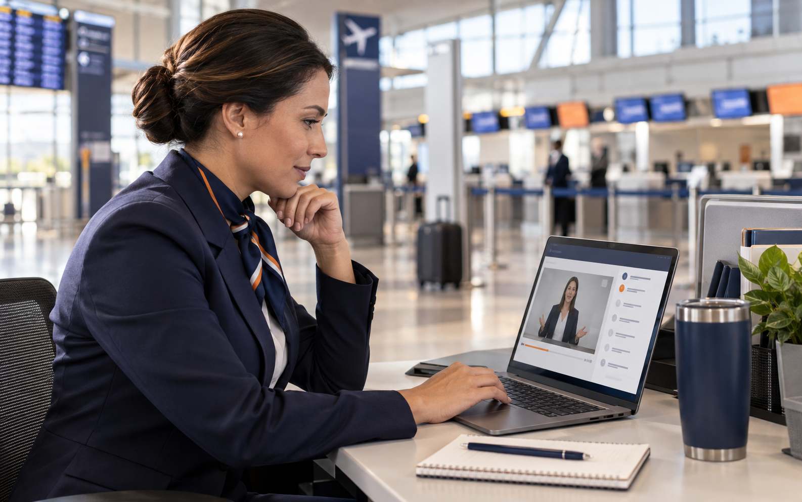 Profissional da aviação realizando capacitação online em um notebook