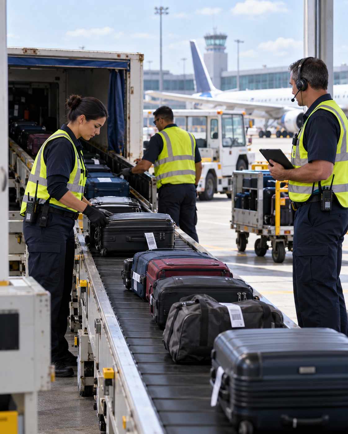 Profissionais da aviação civil trabalhando na movimentação de bagagens em área operacional aeroportuária