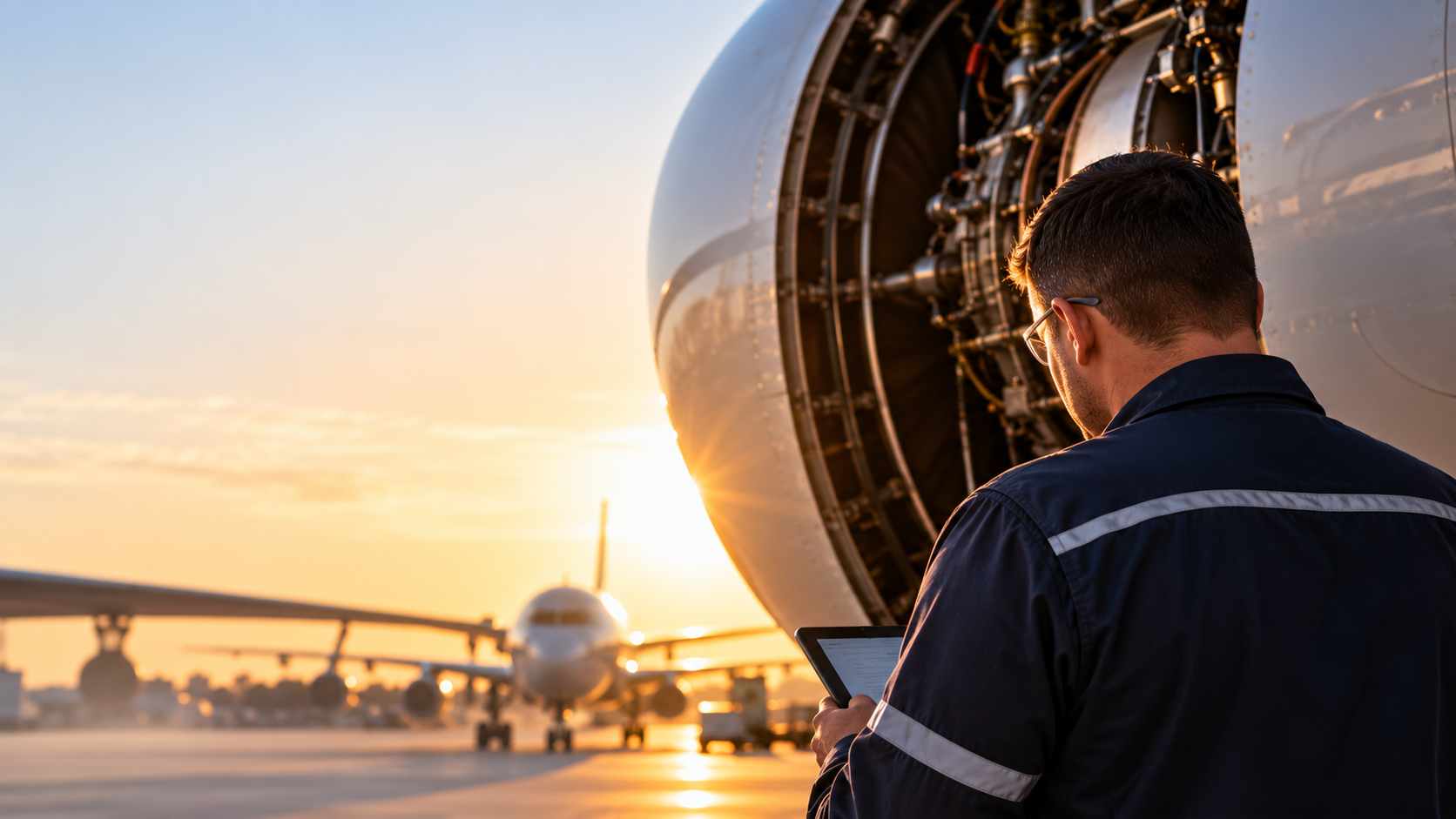 Profissional da aviação civil realizando inspeção em aeronave em área operacional aeroportuária