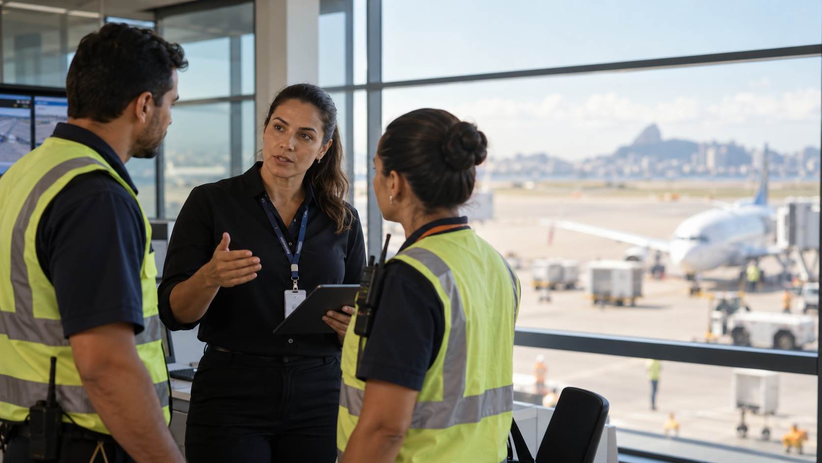 Supervisor de operações aeroportuárias orienta equipe em ambiente corporativo de aeroporto, com aeronave ao fundo