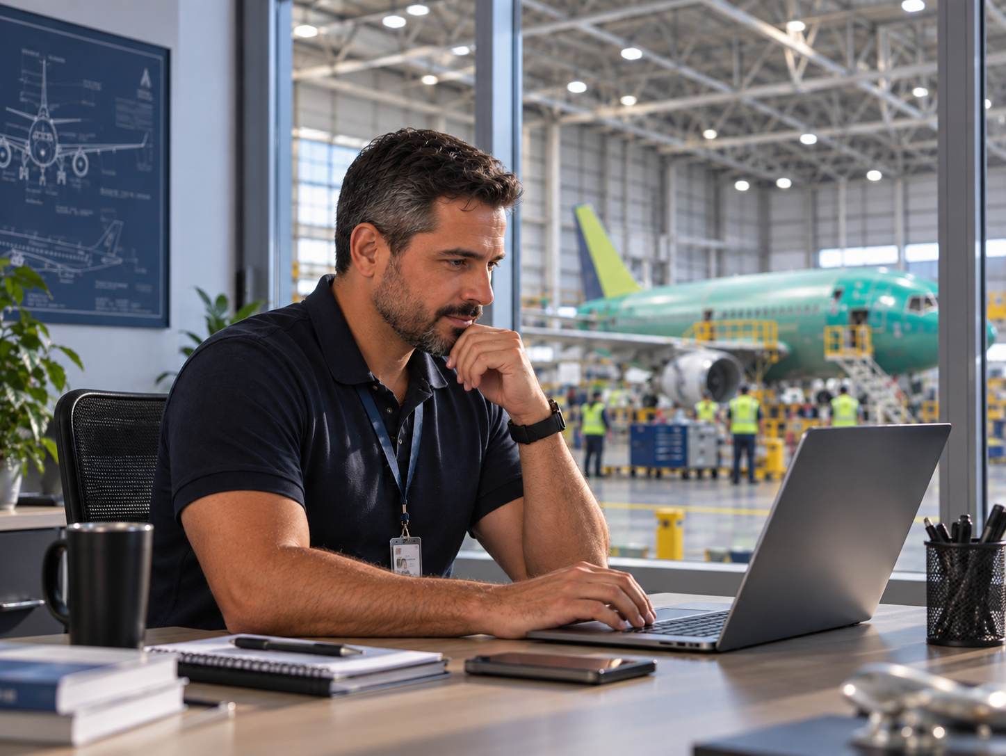 Supervisor realiza Curso RBAC 120 em computador com hangar de manutenção aeronáutica ao fundo