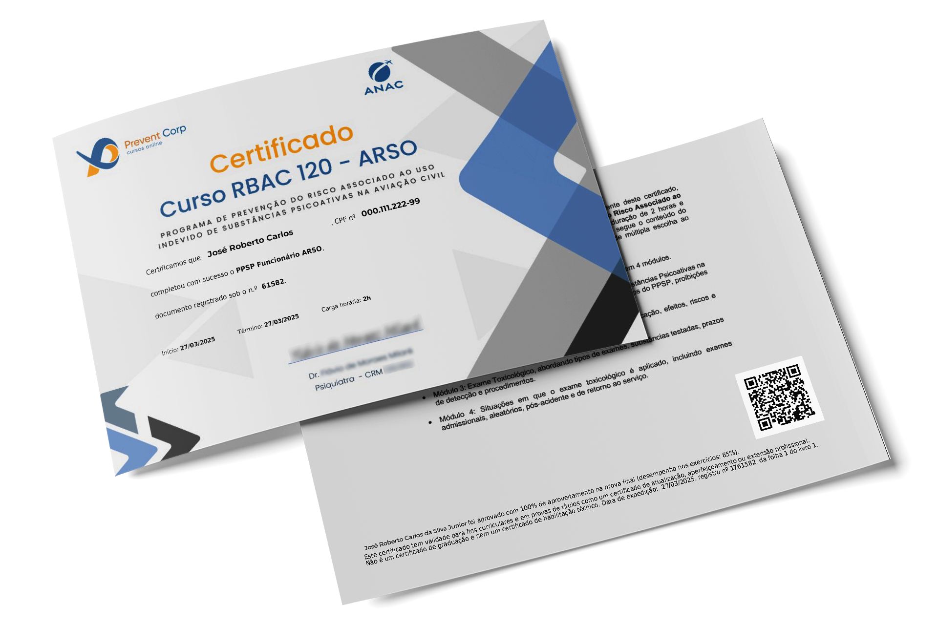 Certificado de conclusão do Curso RBAC 120 ARSO da Prevent Corp