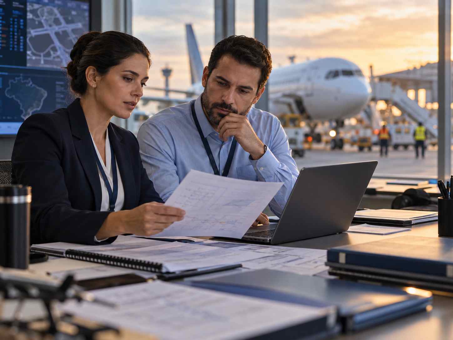 Profissionais da aviação analisando documentos para implantação e revisão do PPSP conforme o RBAC 120
