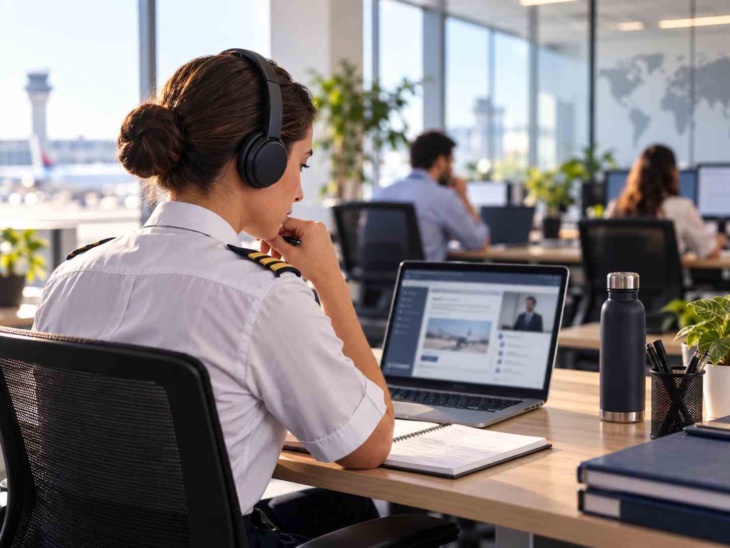 Tripulante realizando curso online em escritório com outras pessoas ao fundo